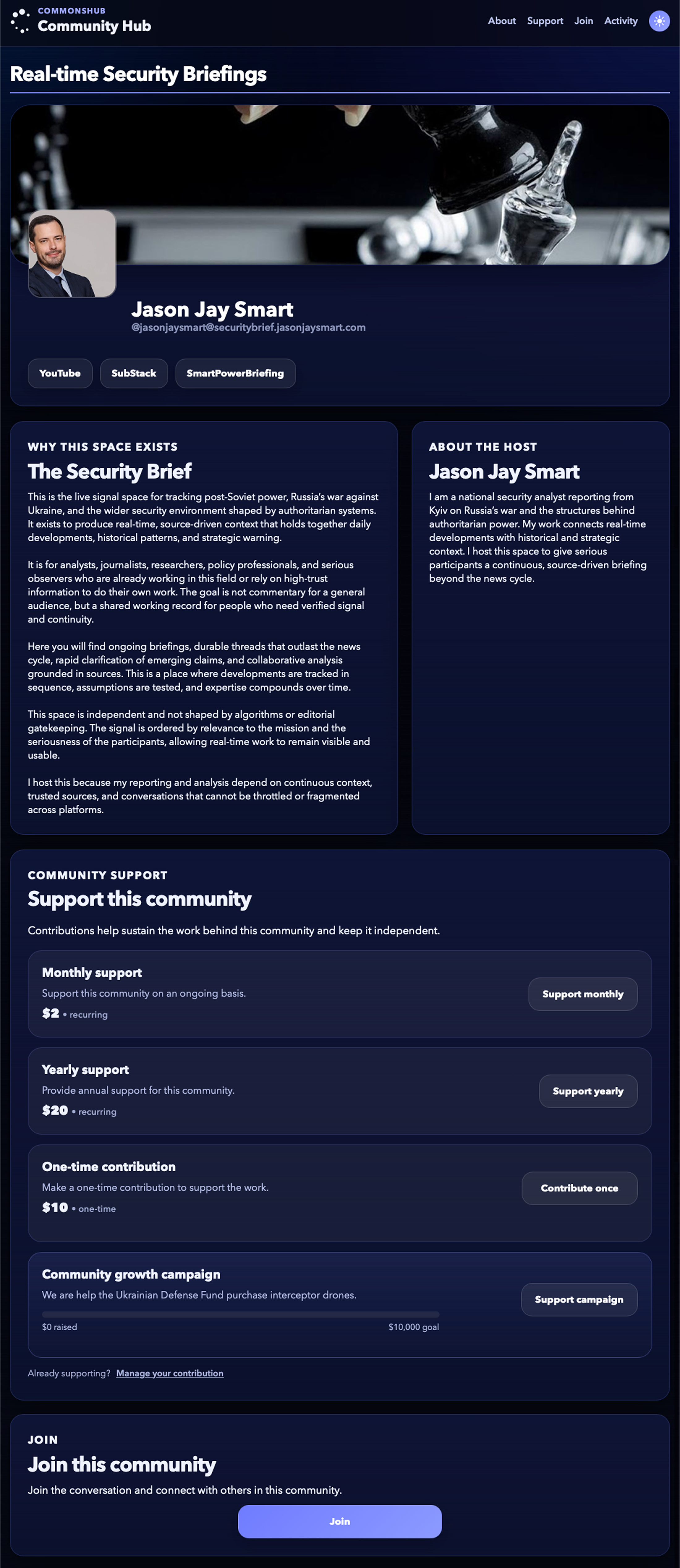 A Commonshub community home showing the host, purpose, contribution options, and a way to join