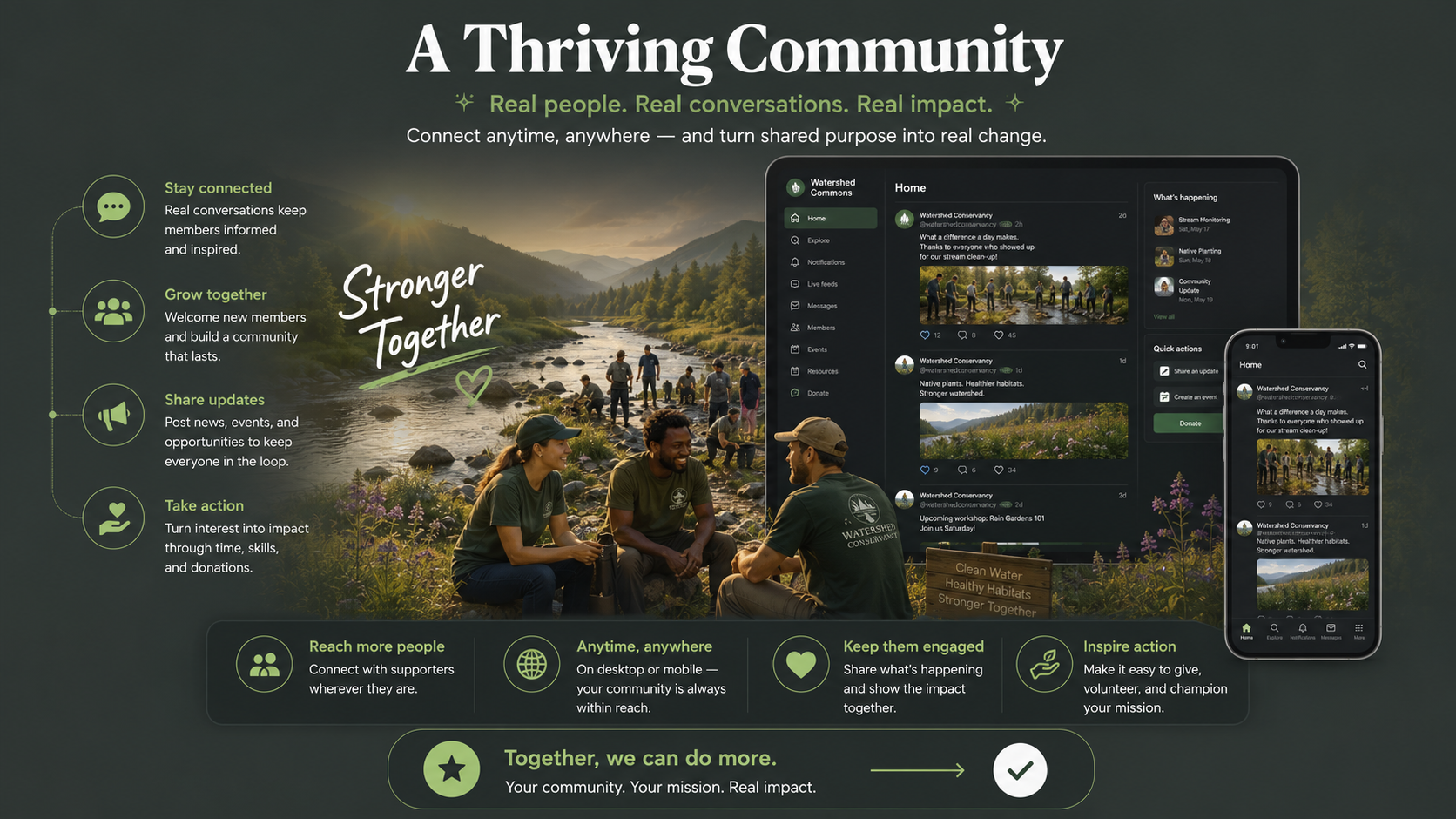 A thriving community connects people on desktop and mobile, keeps supporters informed, shares useful knowledge, and inspires volunteering, giving, and action.